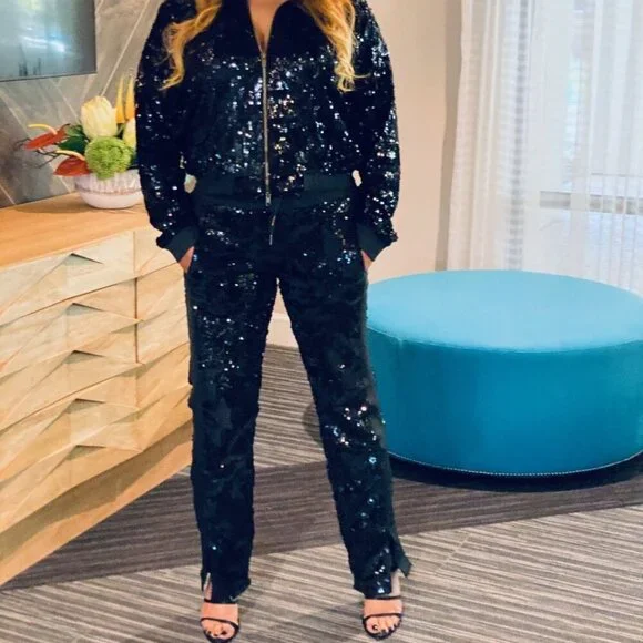 Ladies Black Sequin Dressy Track Suit Set - 
(Small) -  ONE REMAINING - Picture 6 of 6